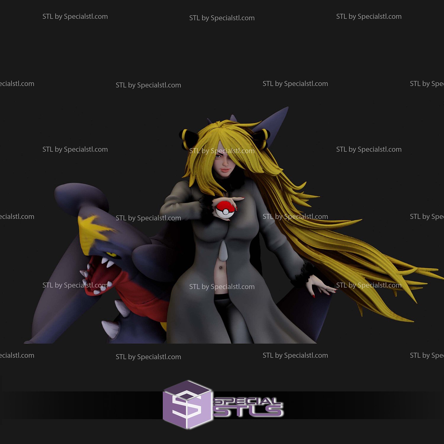 Cynthia with Garchomp Pokemon V2 3D Print Sculpture STL Model — view 5