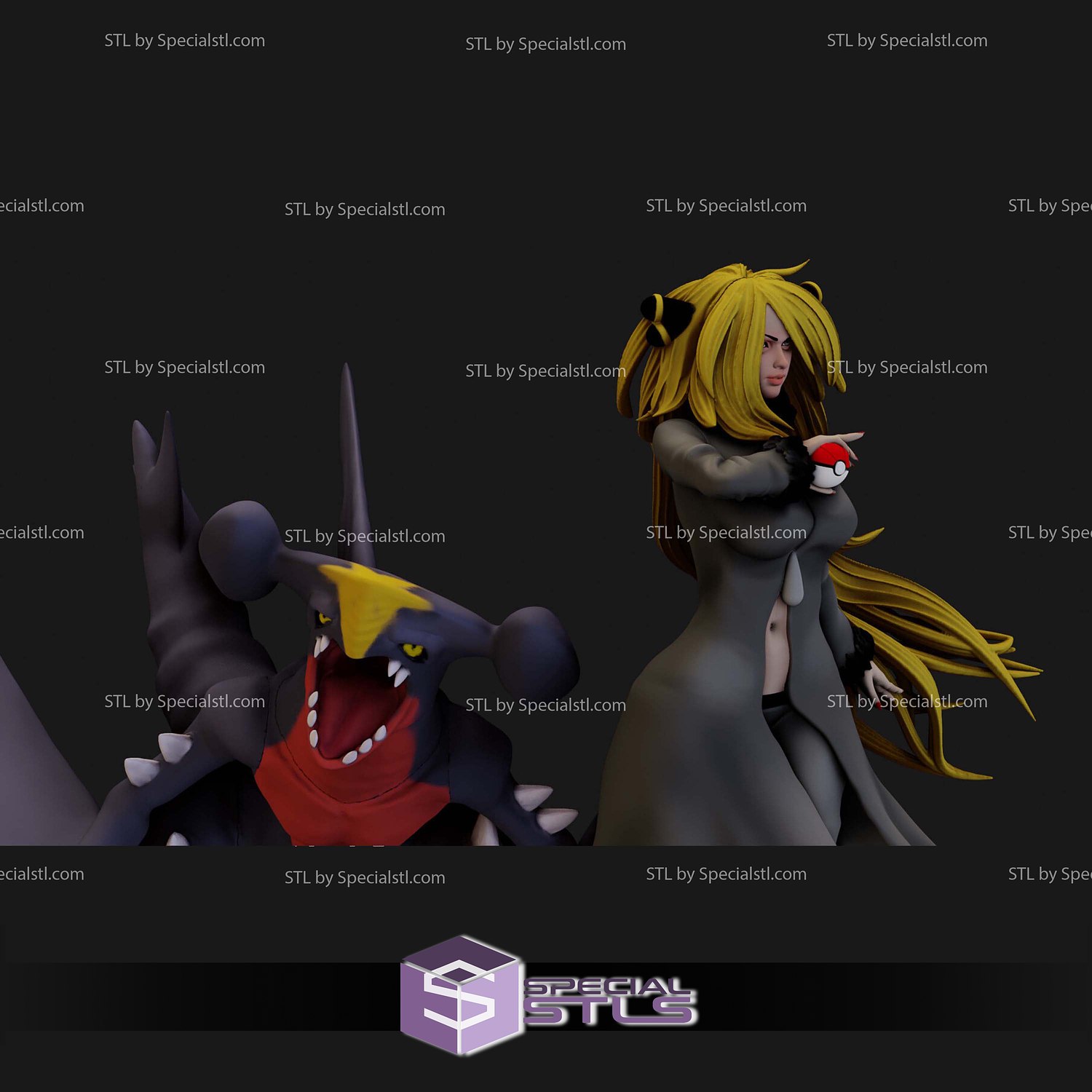 Cynthia with Garchomp Pokemon V2 3D Print Sculpture STL Model — view 6
