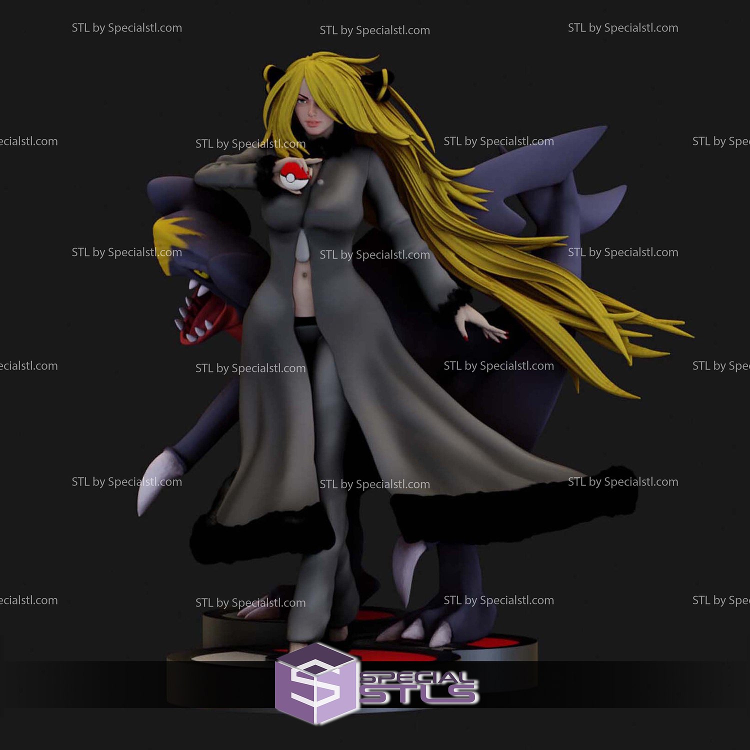 Cynthia with Garchomp Pokemon V2 3D Print Sculpture STL Model — view 7