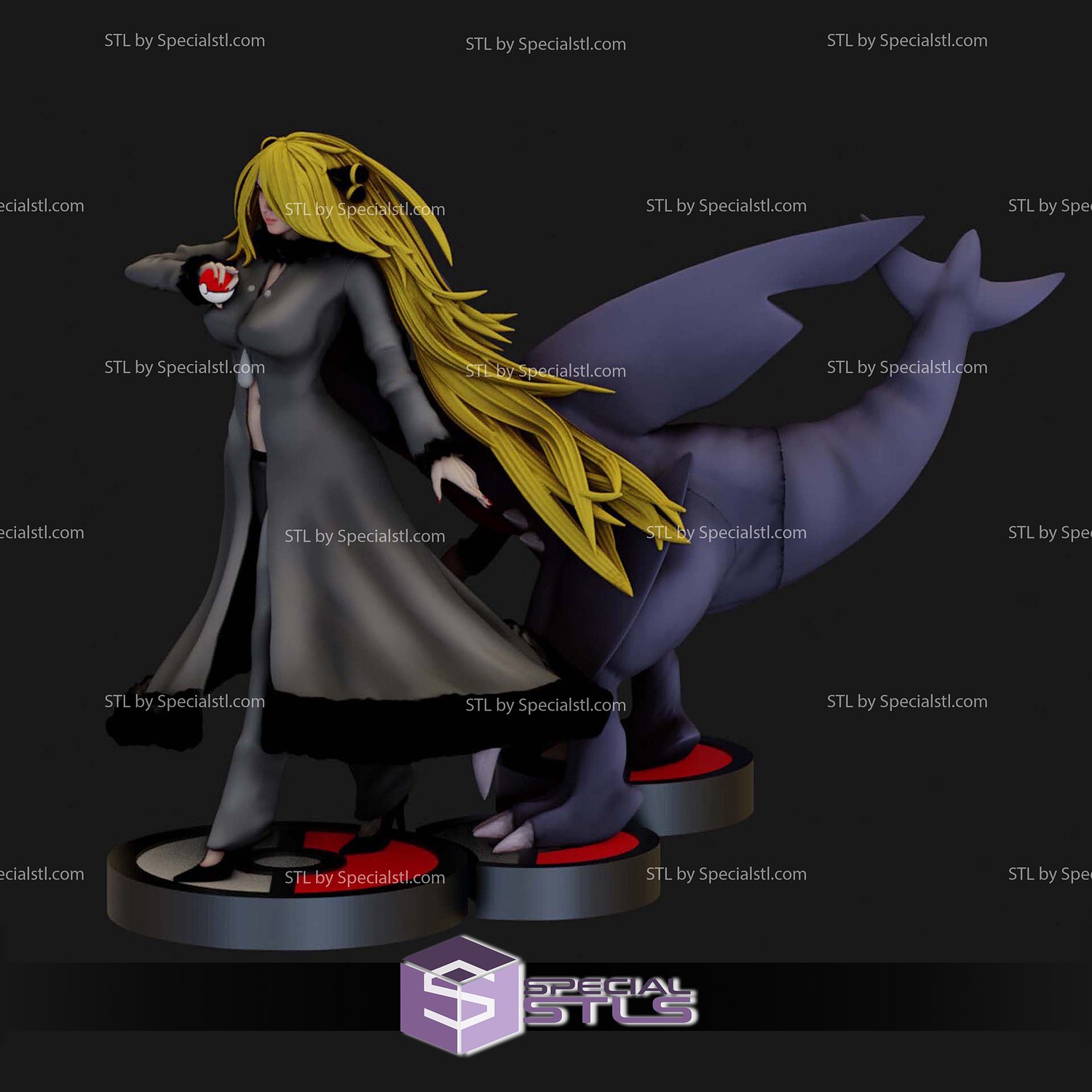Cynthia with Garchomp Pokemon V2 3D Print Sculpture STL Model — view 8