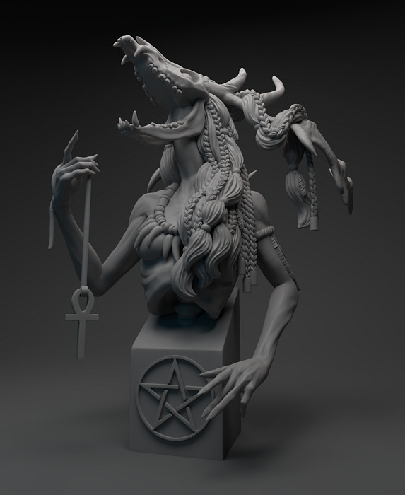 Wendigo bust of demon with wings 3D OBJ Model — view 2