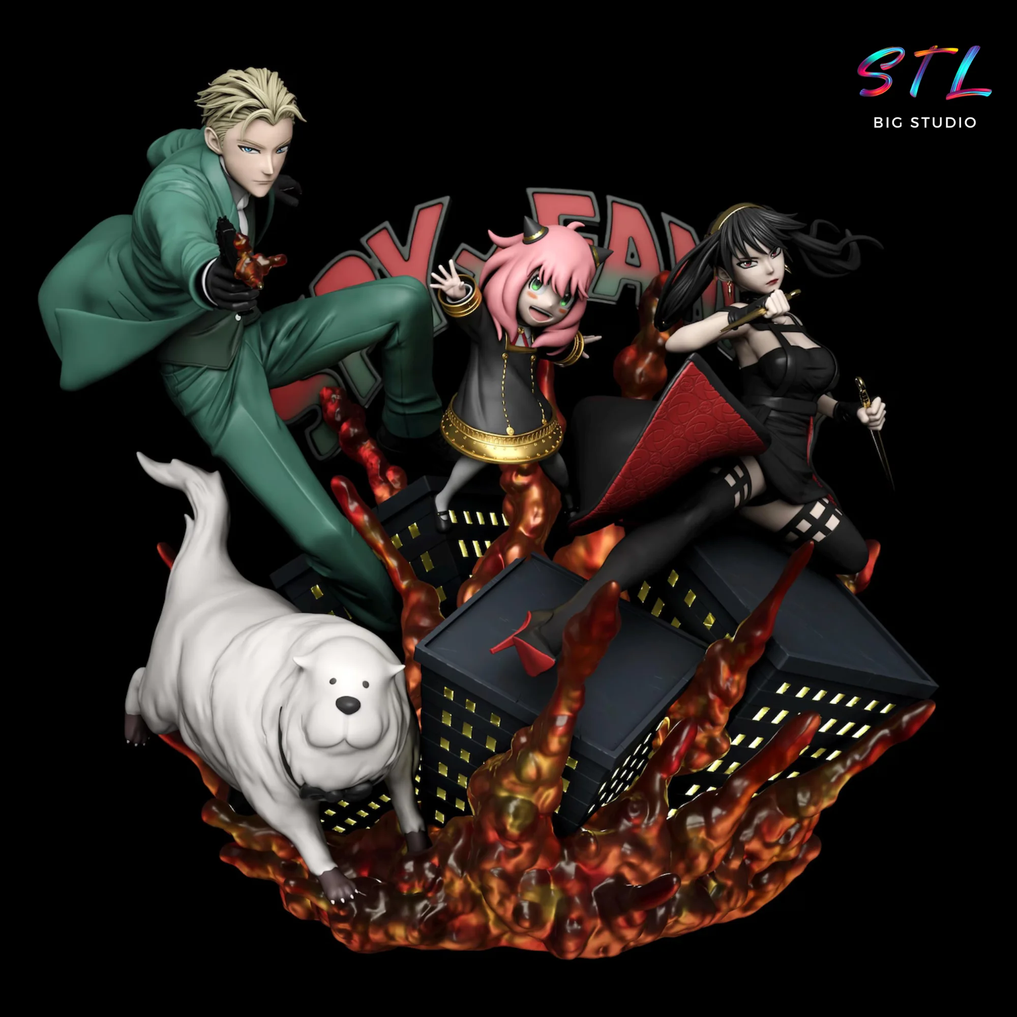 Spy x Family Diorama STL | Loid, Yor, Anya and Bond in an Action Scene for 3D Printing Model