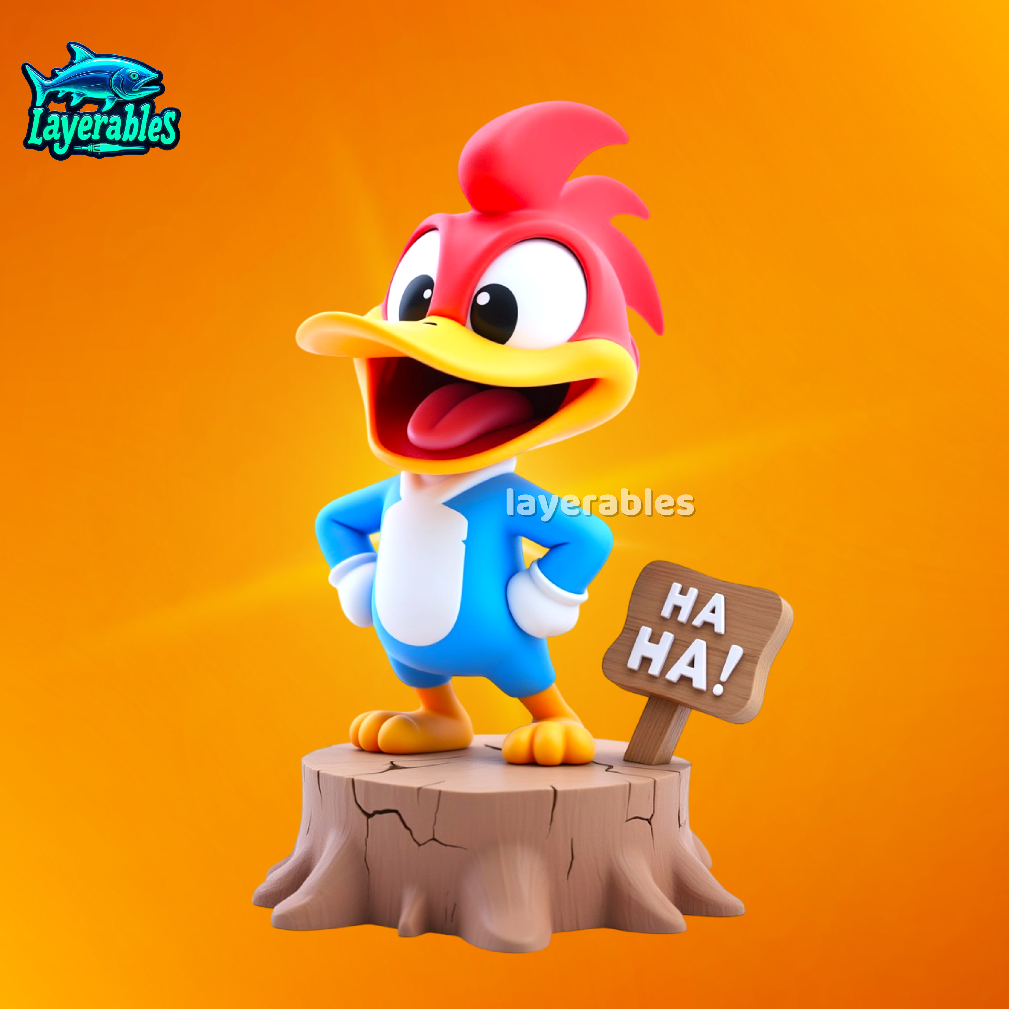 Chibi Woody STL – Funny Cartoon Bird 3D Print on Tree Stump – Fan Art Model for Collectors Model