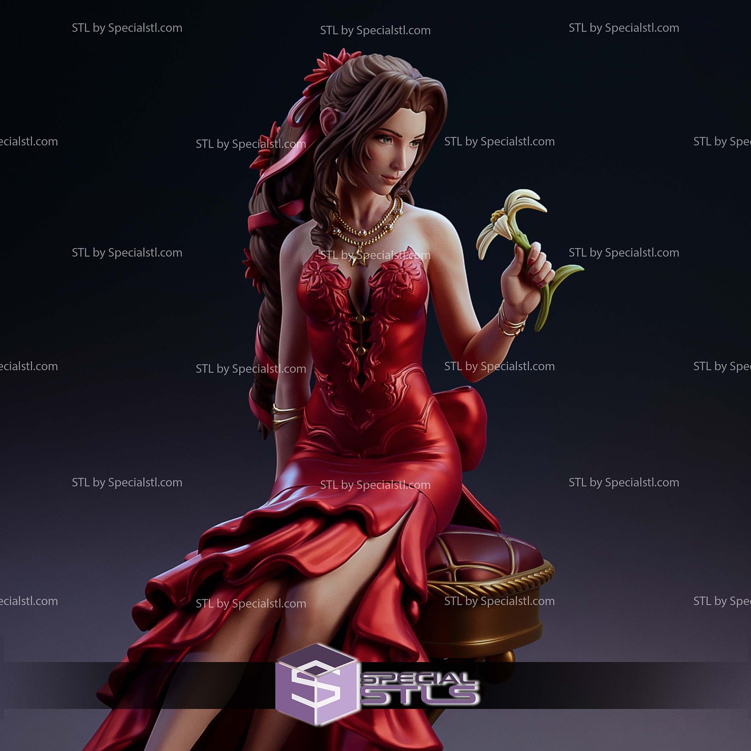 Aerith in Red Dress STL Files 3D Model — view 2