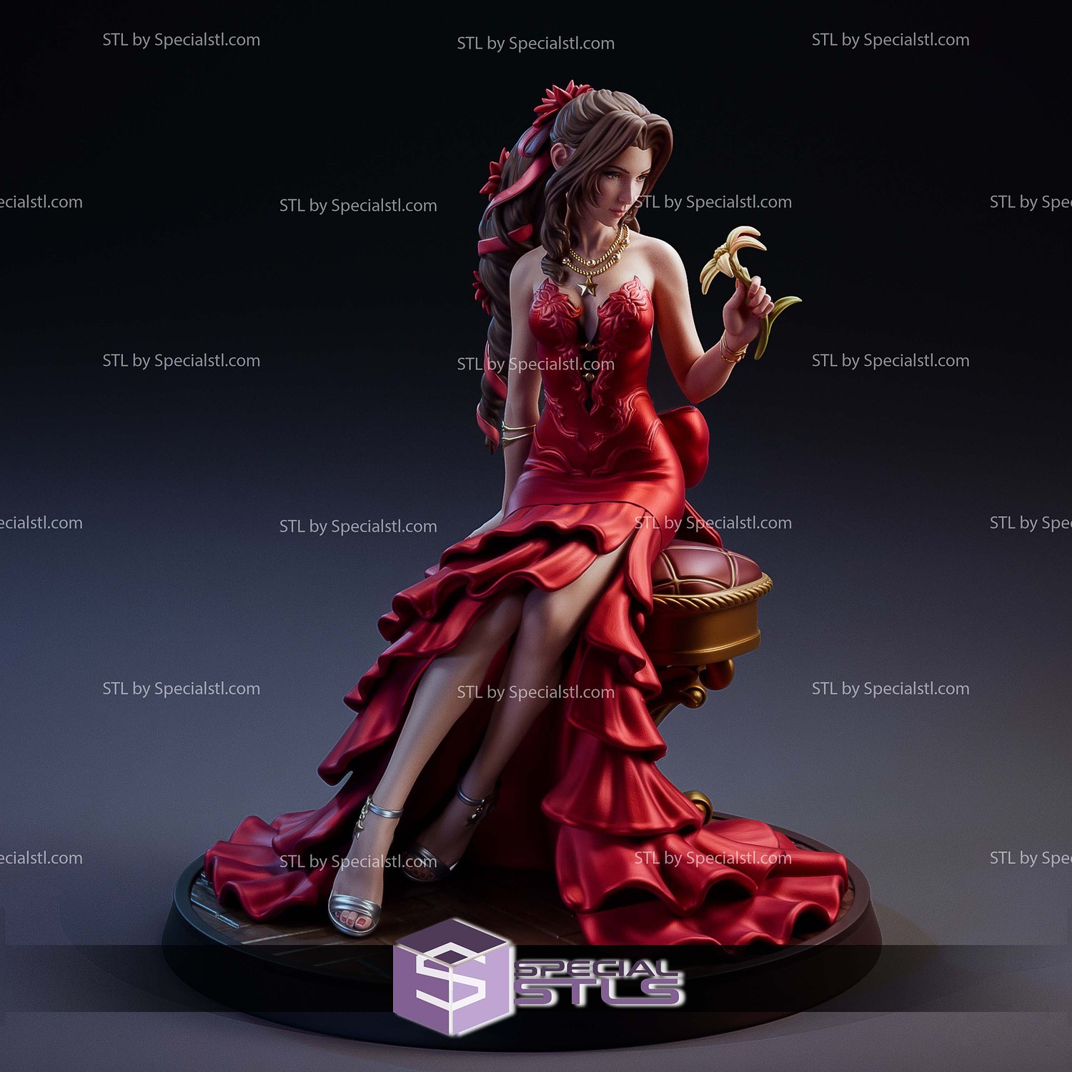 Aerith in Red Dress STL Files 3D Model — view 4