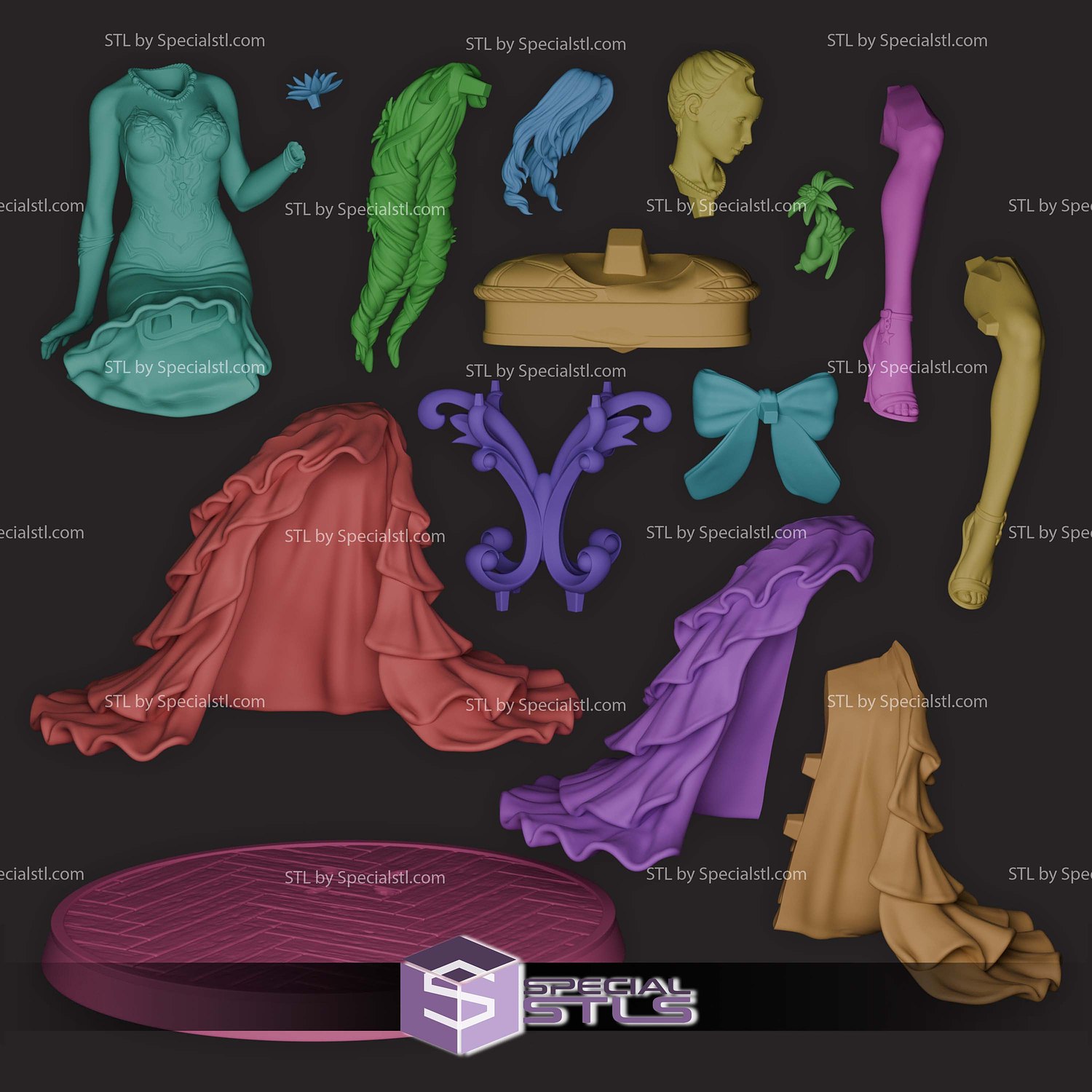 Aerith in Red Dress STL Files 3D Model — view 8