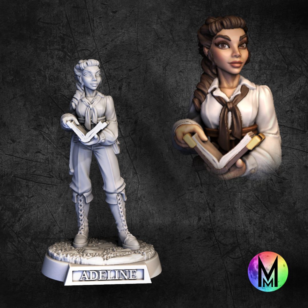 Adeline the Wizard - Human Female Wizard with Book 3D STL Model