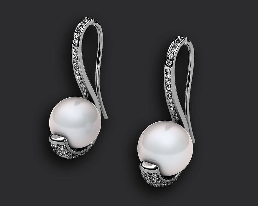 Earrings with 14 mm pearls and 1 00 ct diamonds 3D 3DM Model — view 2