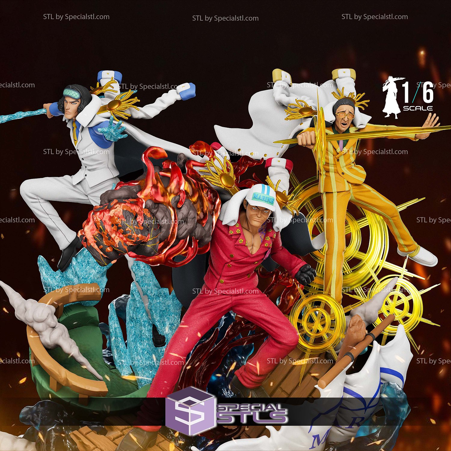 Akainu and Kizaru and Aokiji Diorama Sculptures 3D Printing STL Model — view 2