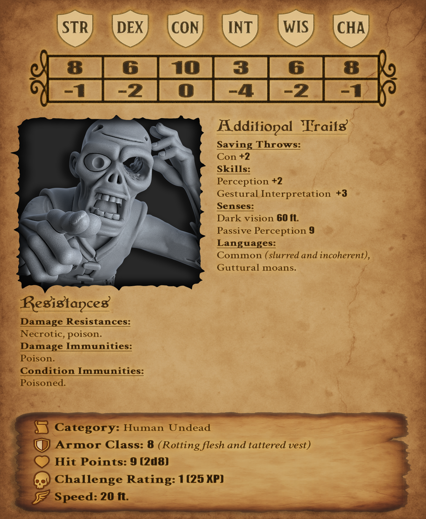 Reginald the Confused Zombie - DnD Miniature for 5e RPG and Tabletop Wargames inspired 3D STL Model — view 4