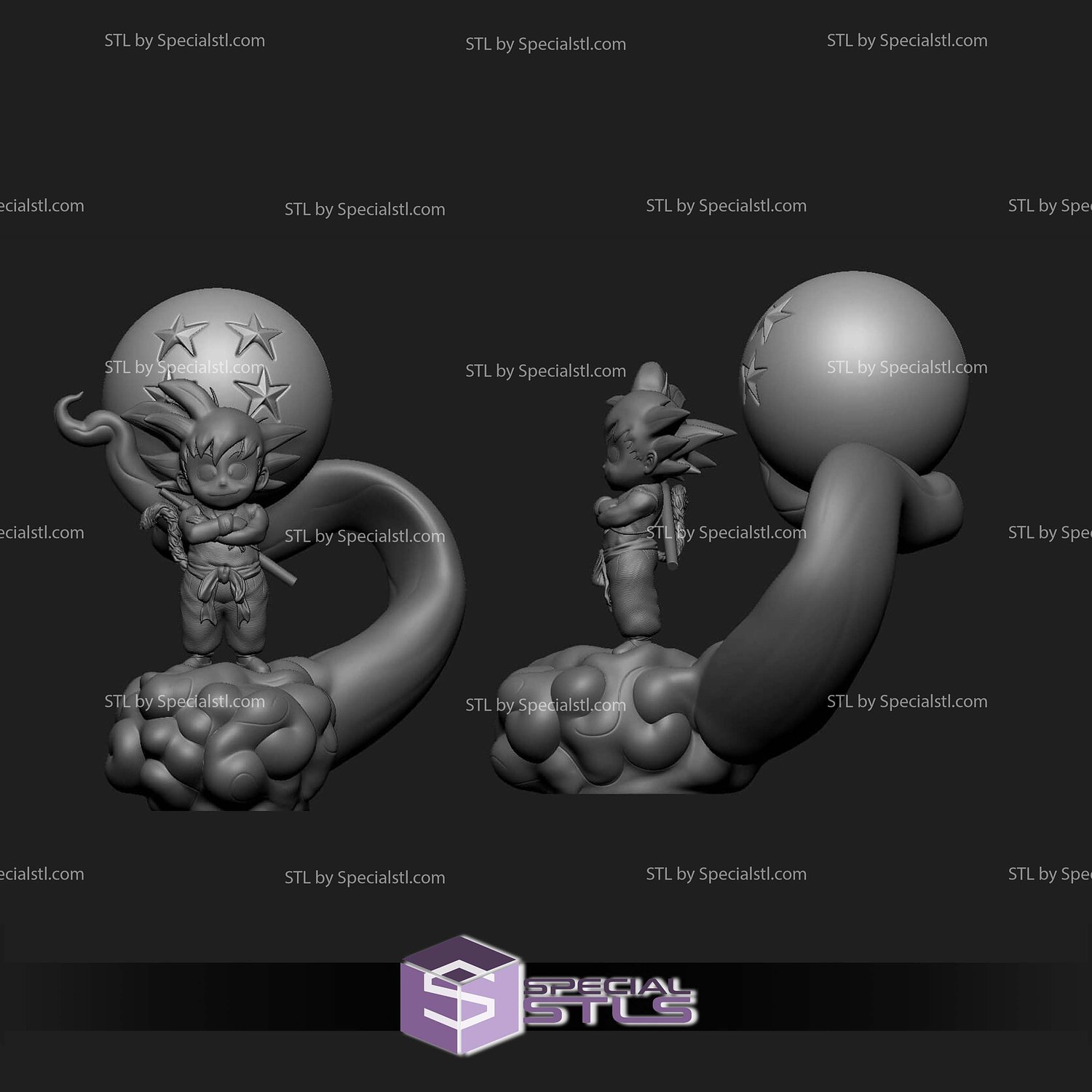 Goku Kid Stand on Cloud STL Files 3D Model — view 2