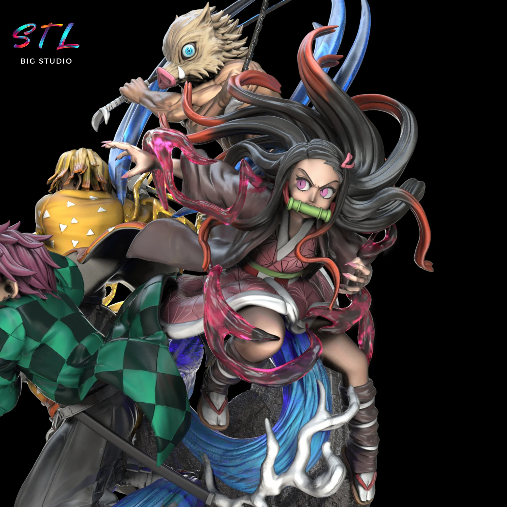 Demon Slayer STL Diorama | Epic Scene with 4 Main Characters | 3D Printable Model Model — view 3
