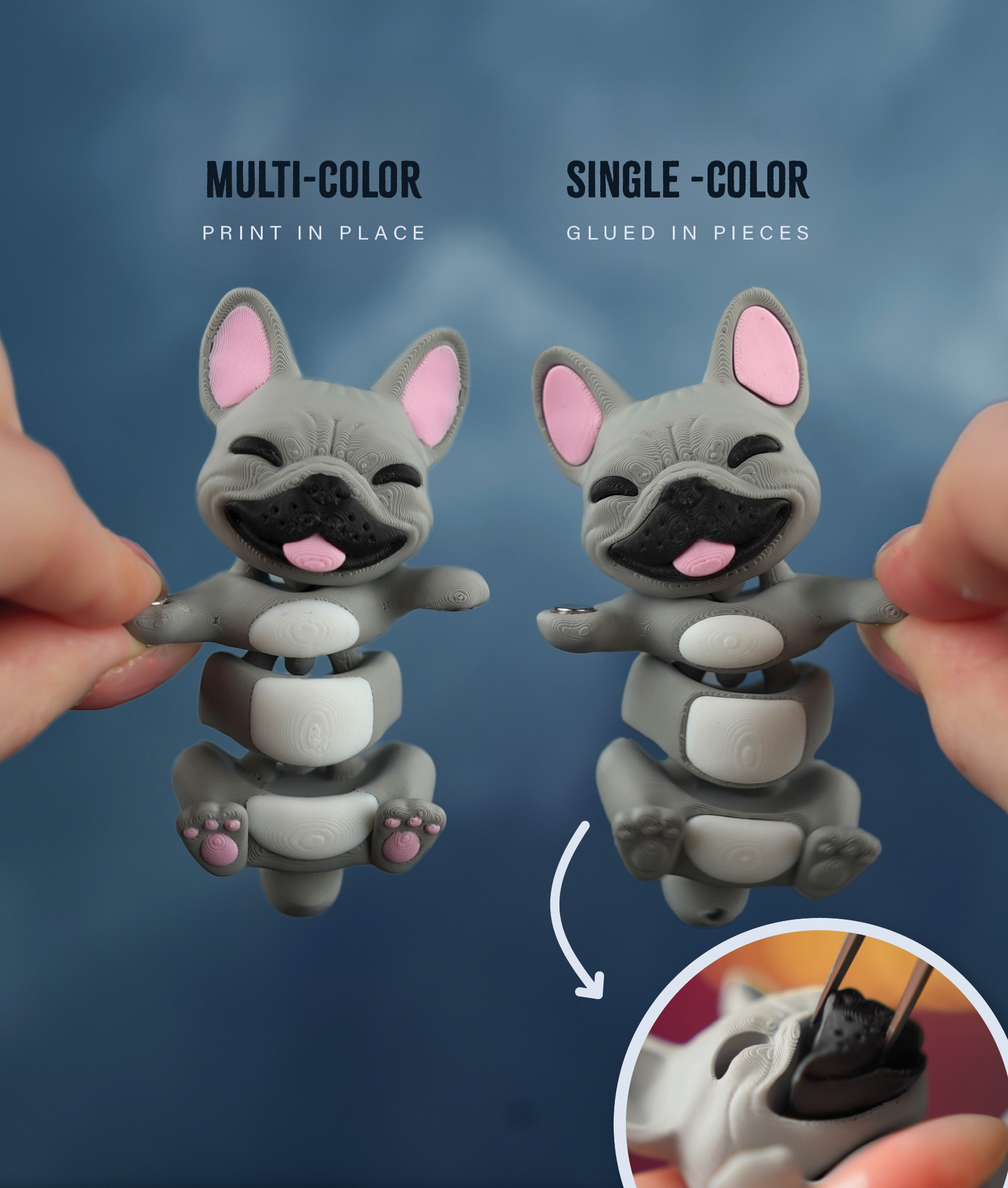 Frankie, the Flexi French Bulldog - Magnetic Hand-Holding Companion 3D 3MF Model
