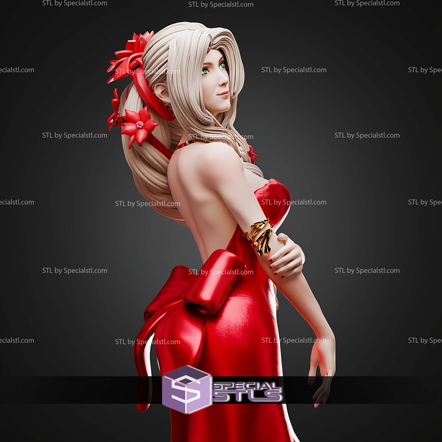 Aerith Gainsborough Red Dress STL Files 3D Model — view 5