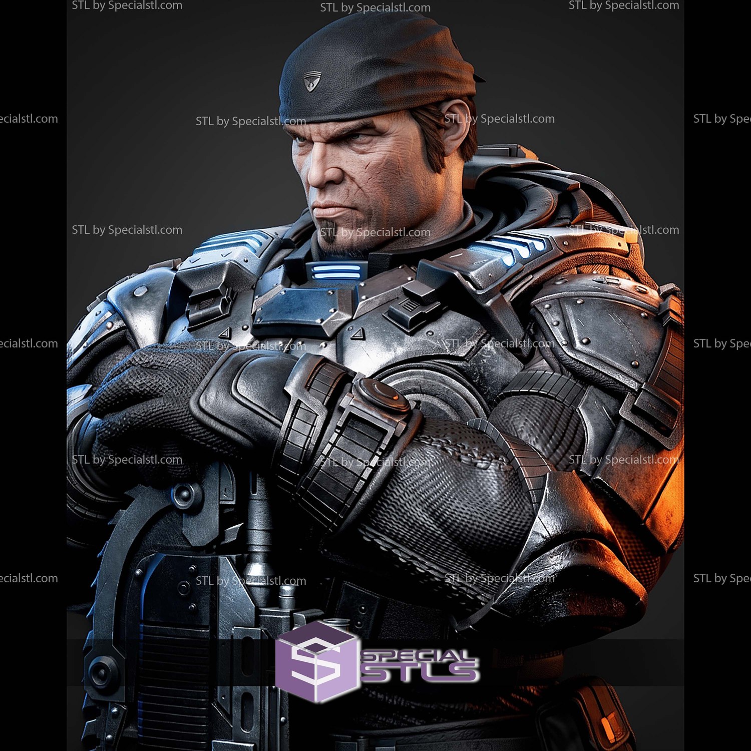 Marcus Fenix Portrait Bust 350mm STL Files 3D Model — view 3