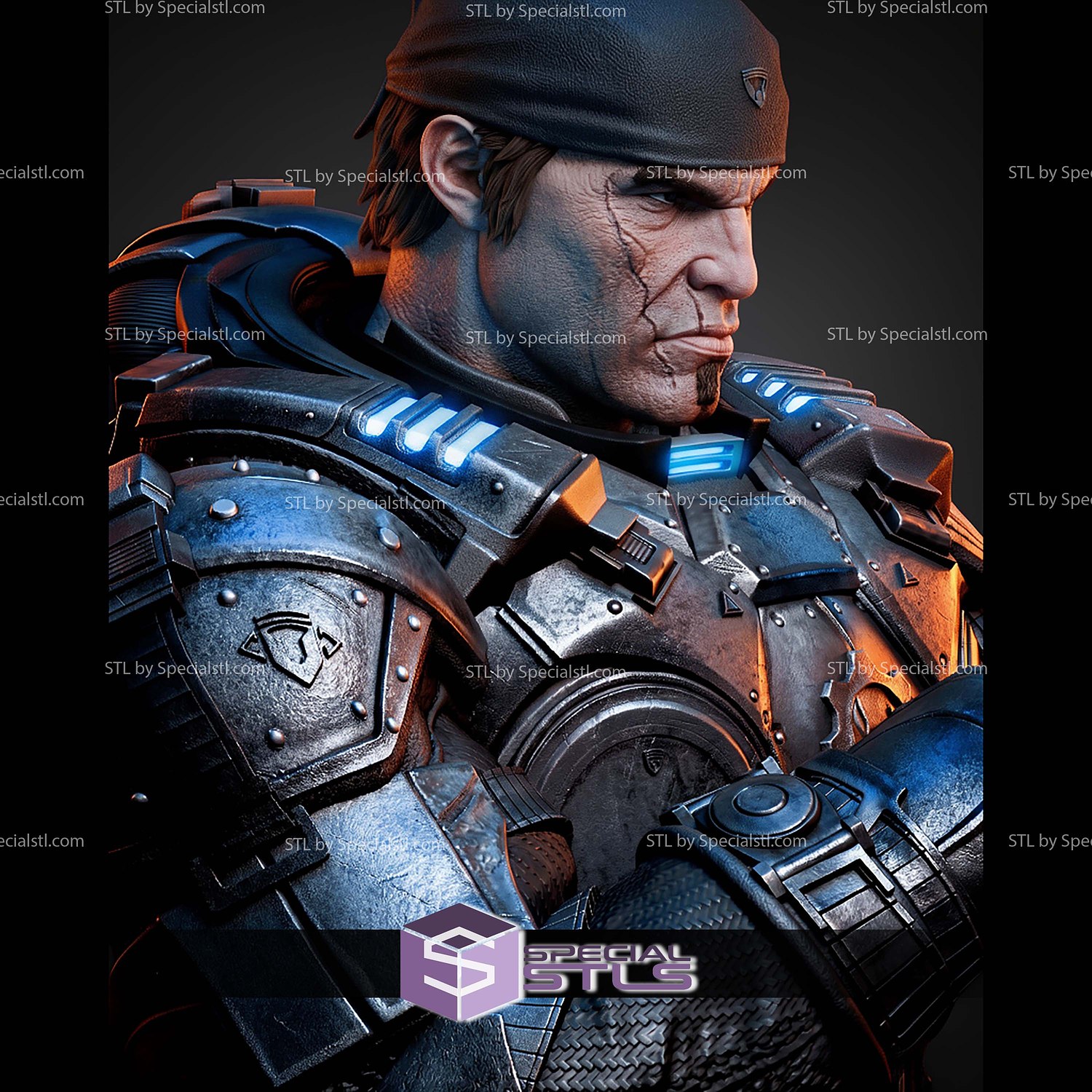 Marcus Fenix Portrait Bust 350mm STL Files 3D Model — view 4