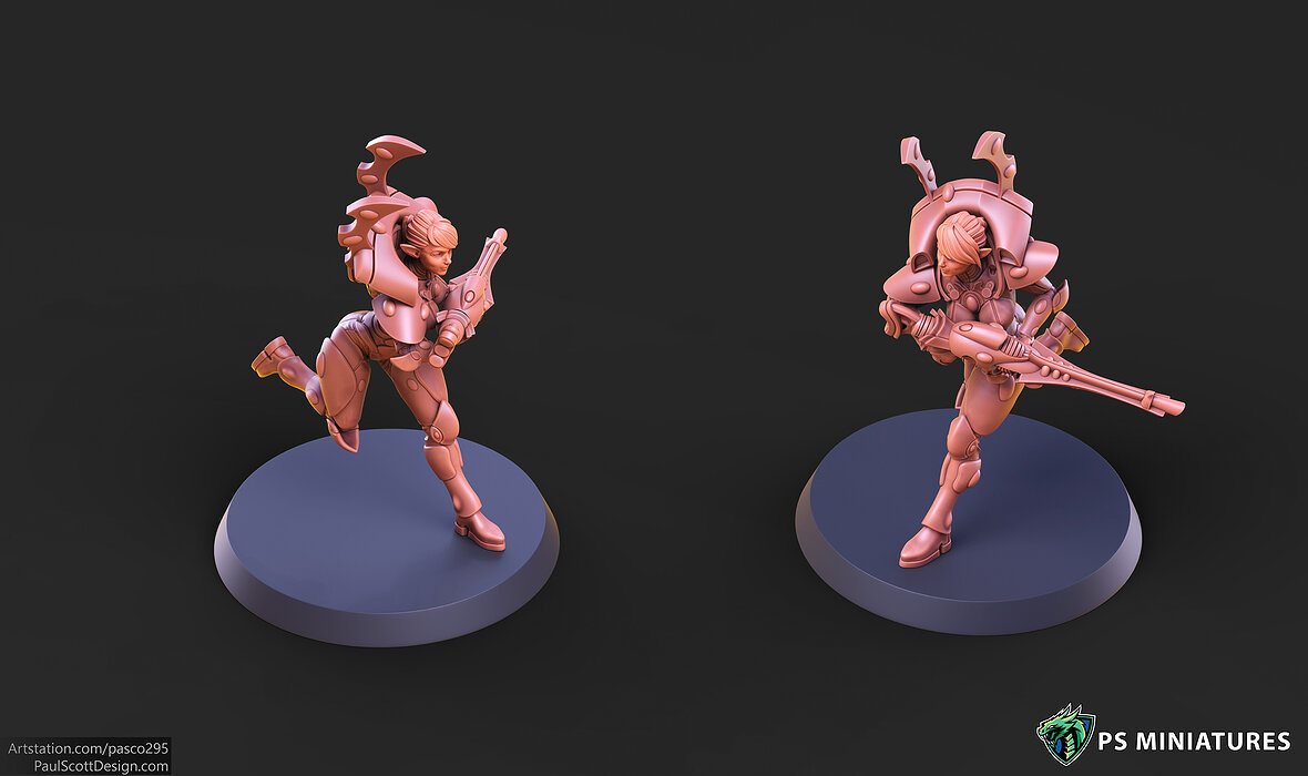 Space Elf Female Soldier Pose 3 - 7 Variants and 2 Pinups 3D STL Model — view 3